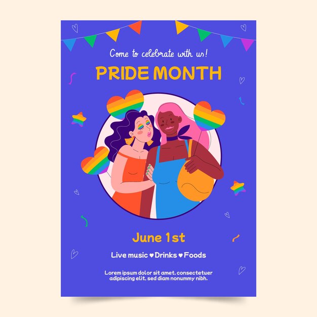 Plantilla de póster vertical plano para la celebración del mes del orgullo