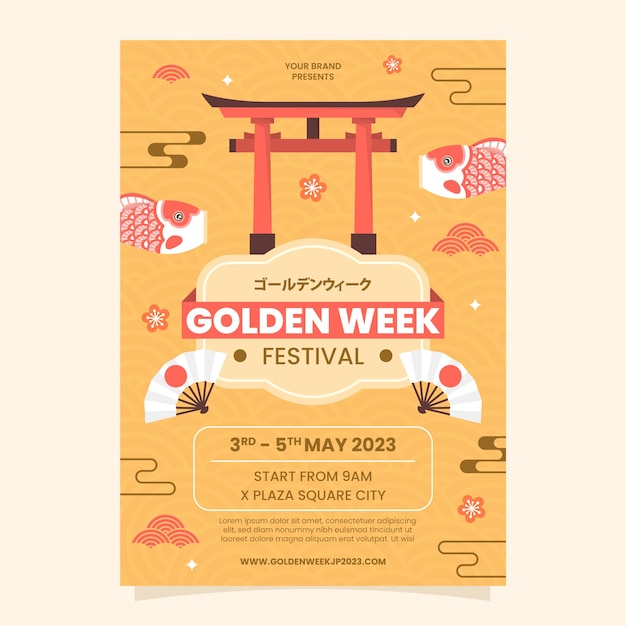 Plantilla de póster vertical plano para la celebración de la semana dorada