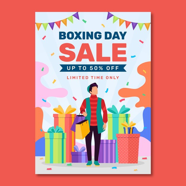 Plantilla de póster vertical plano para compras y ventas del día del boxeo