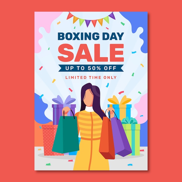 Plantilla de póster vertical plano para compras y ventas del día del boxeo