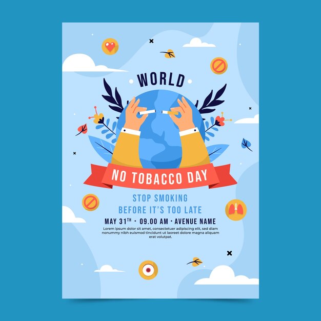 Plantilla de póster vertical plano para la concientización sobre el día sin tabaco