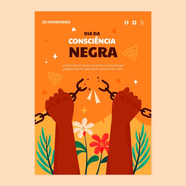 Plantilla de póster vertical plano para el día de la conciencia negra con las manos rompiendo cadenas