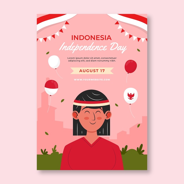 Vector gratuito plantilla de póster vertical plano del día de la independencia de indonesia con mujer y globos