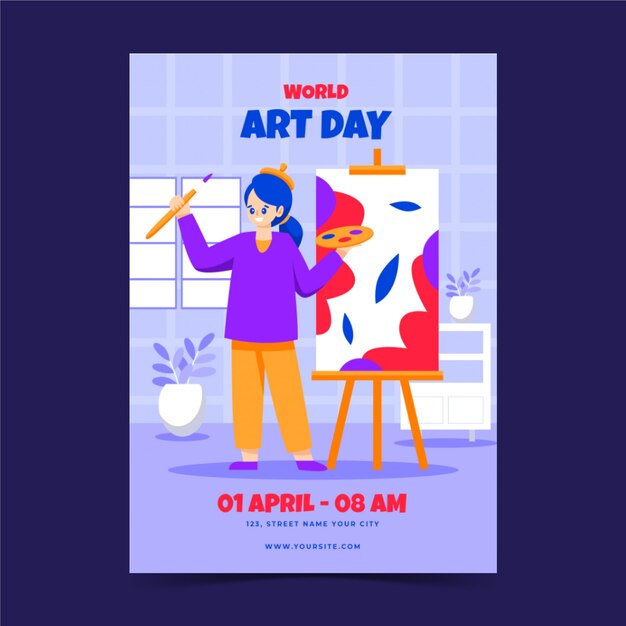 Plantilla de póster vertical plano del día mundial del arte