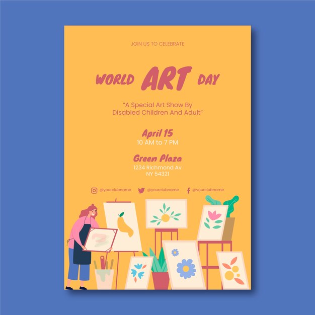 Plantilla de póster vertical plano del día mundial del arte
