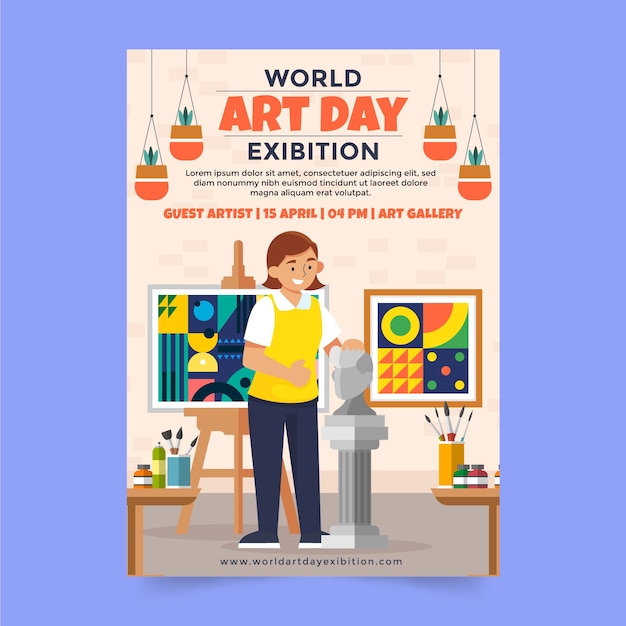 Vector gratuito plantilla de póster vertical plano del día mundial del arte