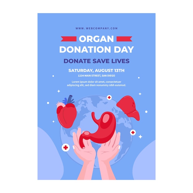 Vector gratuito plantilla de póster vertical plano para el día mundial de la donación de órganos