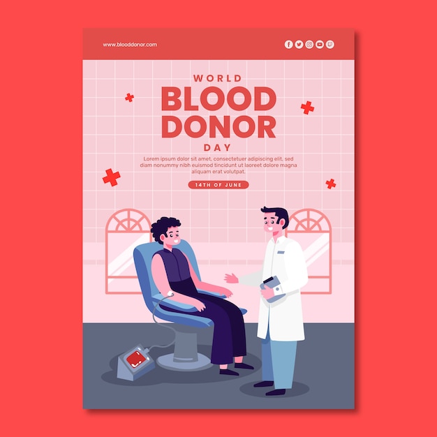 Vector gratuito plantilla de póster vertical plano para el día mundial del donante de sangre