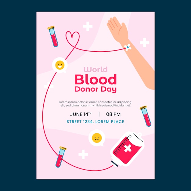 Vector gratuito plantilla de póster vertical plano para el día mundial del donante de sangre