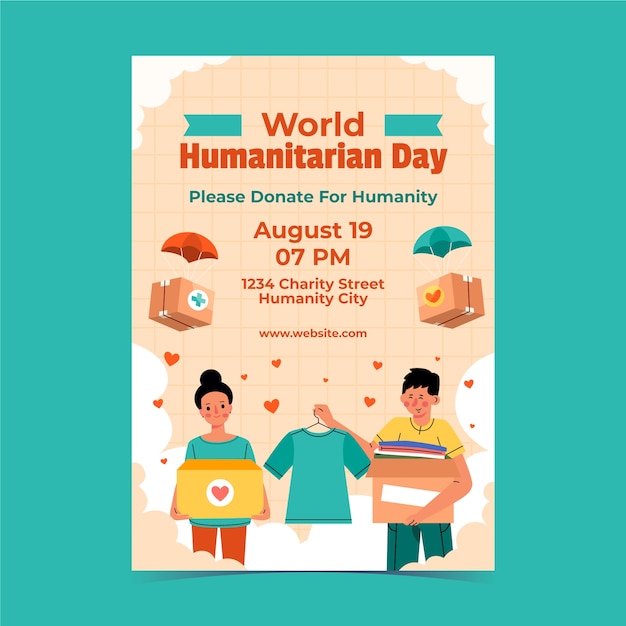 Vector gratuito plantilla de póster vertical plano para el día mundial humanitario