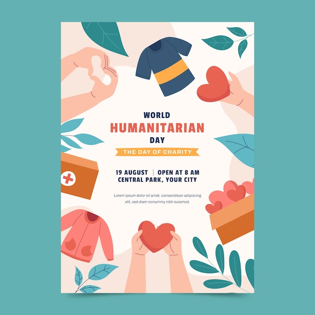 Vector gratuito plantilla de póster vertical plano para el día mundial humanitario