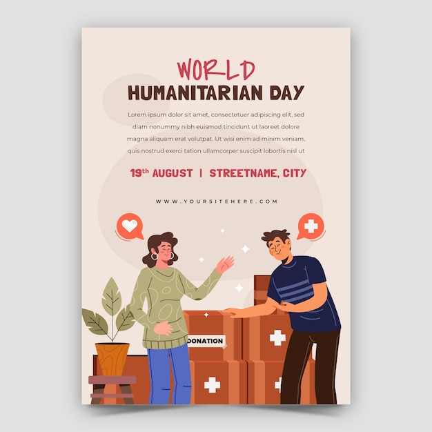 Vector gratuito plantilla de póster vertical plano para el día mundial humanitario