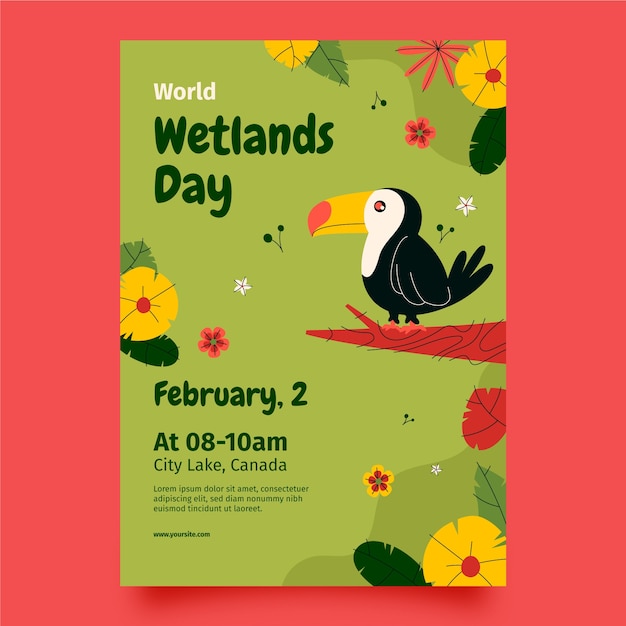 Plantilla de póster vertical plano para el día mundial de los humedales con flora y fauna