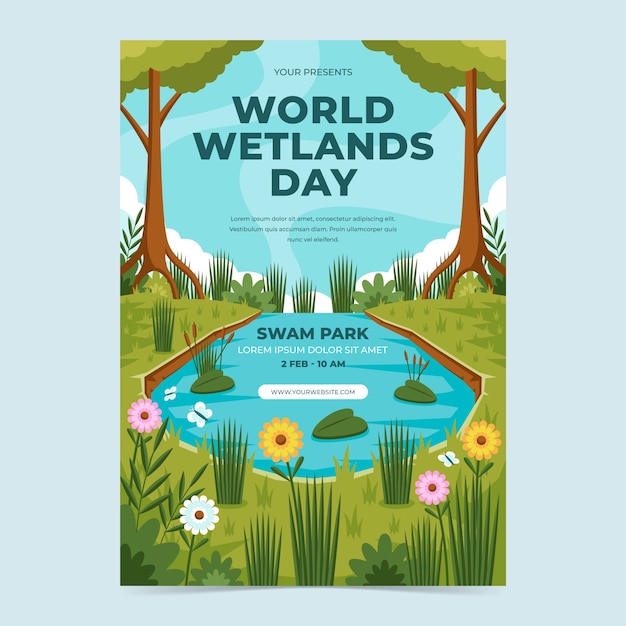 Plantilla de póster vertical plano para el día mundial de los humedales con flora y fauna