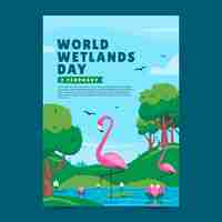 Vector gratuito plantilla de póster vertical plano para el día mundial de los humedales con flora y fauna