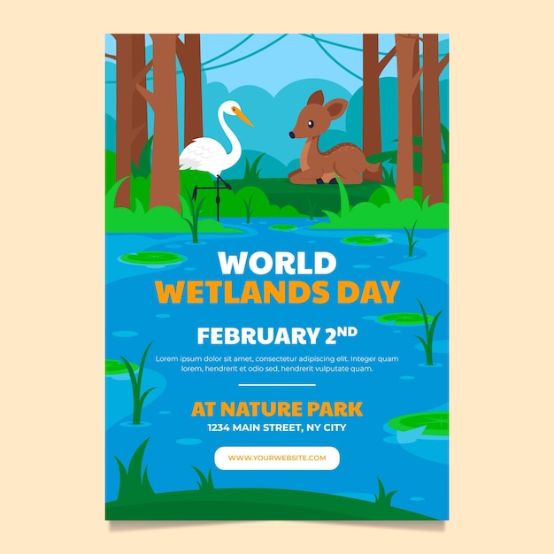 Plantilla de póster vertical plano para el día mundial de los humedales con flora y fauna