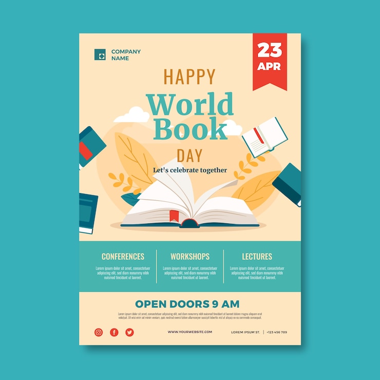Vector gratuito plantilla de póster vertical plano del día mundial del libro
