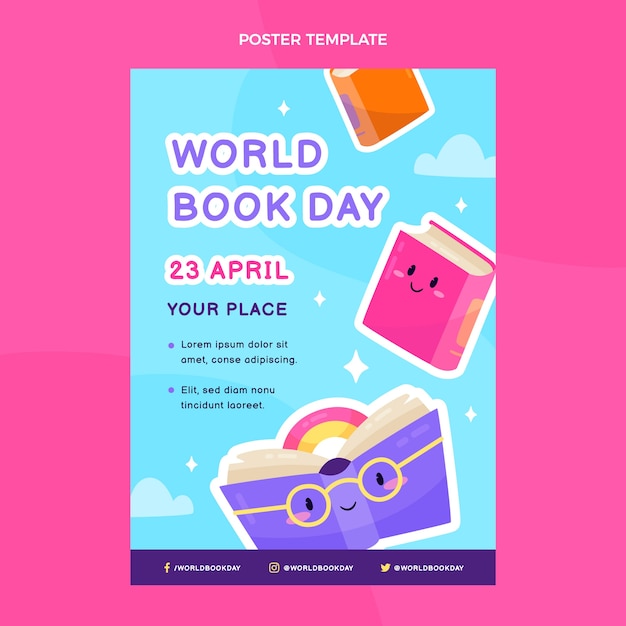 Vector gratuito plantilla de póster vertical plano del día mundial del libro