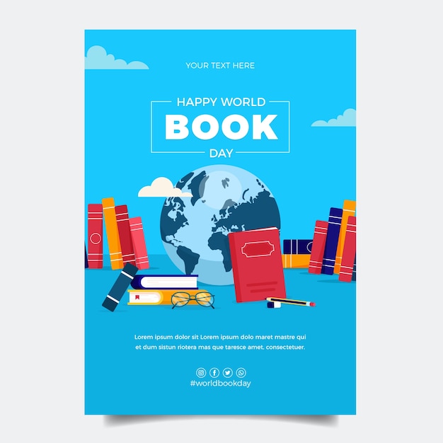 Vector gratuito plantilla de póster vertical plano del día mundial del libro