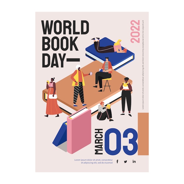 Vector gratuito plantilla de póster vertical plano del día mundial del libro