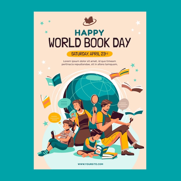 Plantilla de póster vertical plano del día mundial del libro