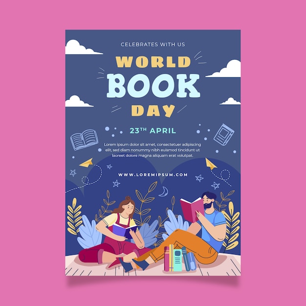 Vector gratuito plantilla de póster vertical plano del día mundial del libro