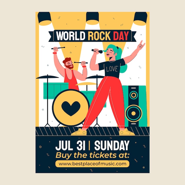 Vector gratuito plantilla de póster vertical plano del día mundial del rock con banda en concierto en vivo