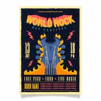Vector gratuito plantilla de póster vertical plano del día mundial del rock con guitarra en llamas