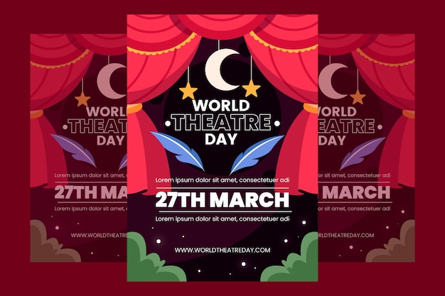 Vector gratuito plantilla de póster vertical plano del día mundial del teatro