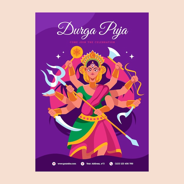 Plantilla de póster vertical plano de durga puja