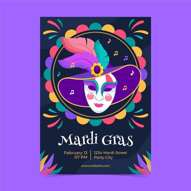 Vector gratuito plantilla de póster vertical plano para el festival de mardi gras