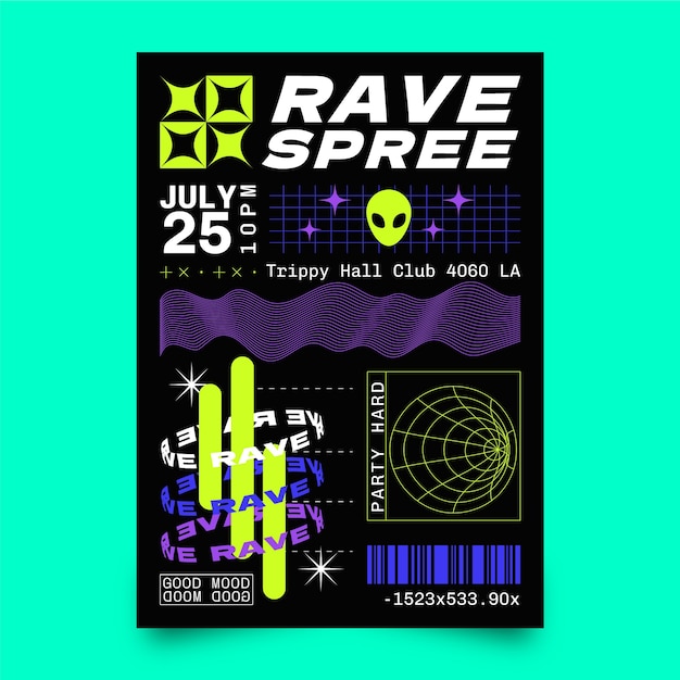 Vector gratuito plantilla de póster vertical plano para fiesta rave