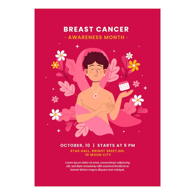 Vector gratuito plantilla de póster vertical plano para el mes de concientización sobre el cáncer de mama