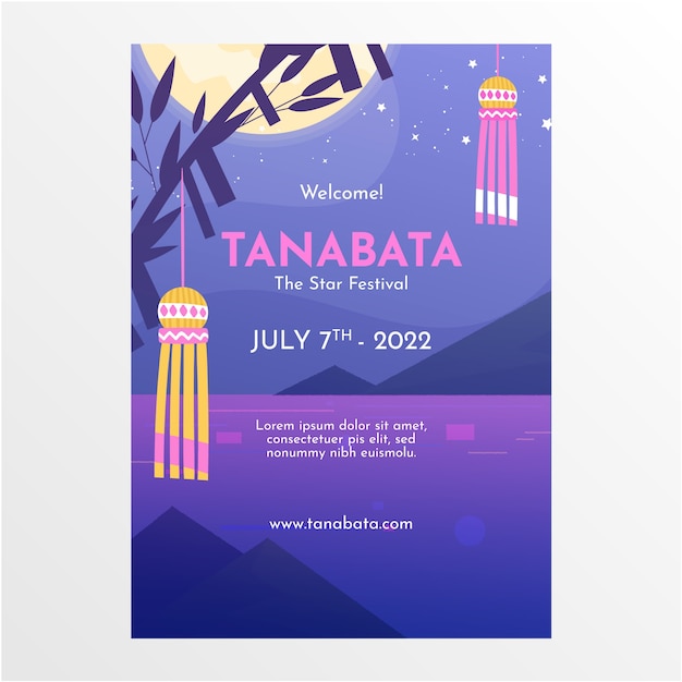 Vector gratuito plantilla de póster vertical plano de tanabata con adornos