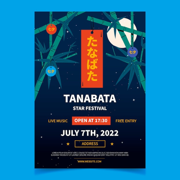 Vector gratuito plantilla de póster vertical plano de tanabata con bambú