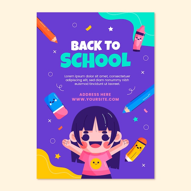 Vector gratuito plantilla de póster vertical plano para la temporada de regreso a la escuela