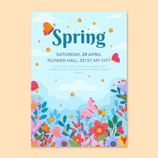 Plantilla de póster vertical de primavera floral plana