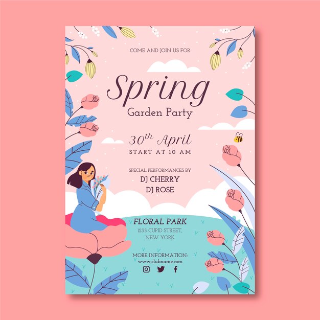 Plantilla de póster vertical de primavera plana