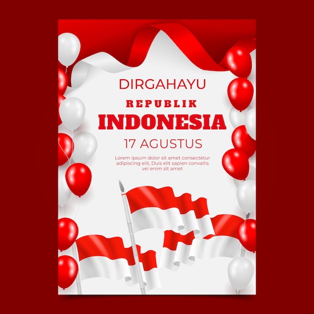 Vector gratuito plantilla de póster vertical realista para la celebración del día de la independencia de indonesia