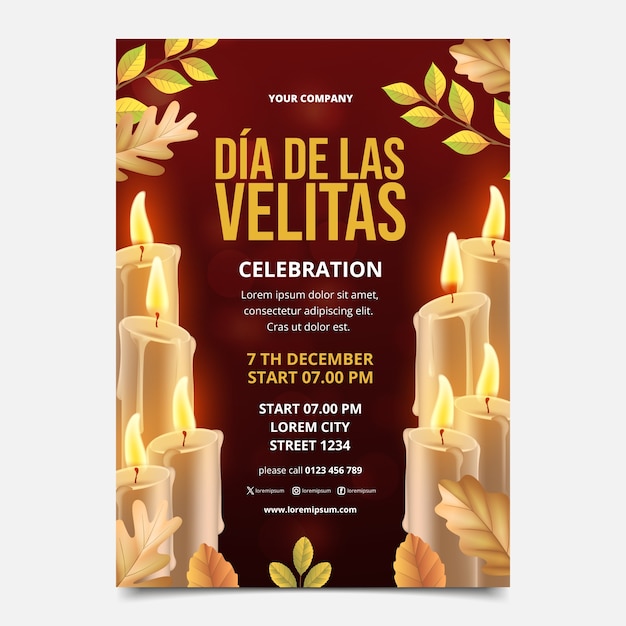 Vector gratuito plantilla de póster vertical realista para la celebración del día de las velitas con velas y hojas