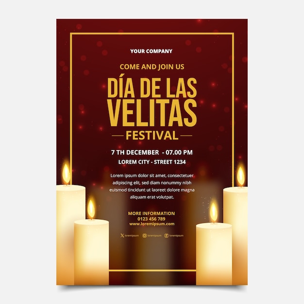Plantilla de póster vertical realista para la celebración del día de las velitas con velas