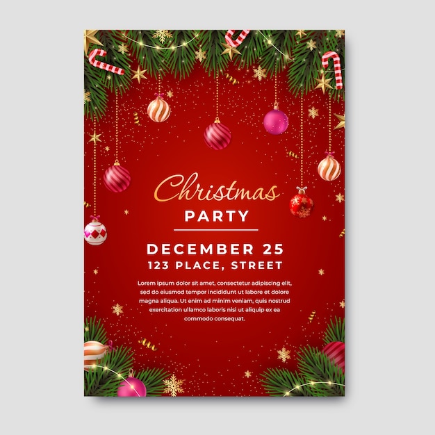 Vector gratuito plantilla de póster vertical realista para la celebración de la temporada navideña con abetos y adornos.