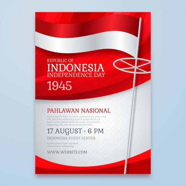 Plantilla de póster vertical realista del día de la independencia de indonesia con bandera