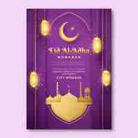 Vector gratuito plantilla de póster vertical realista de eid al-adha con luna creciente y linternas