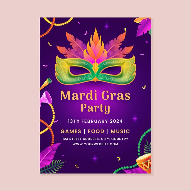 Plantilla de póster vertical realista para el mardi gras