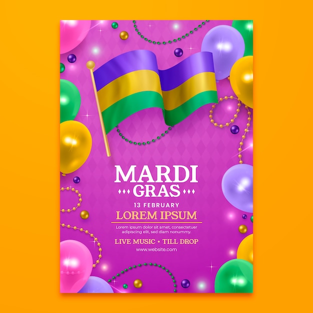 Plantilla de póster vertical realista para el mardi gras