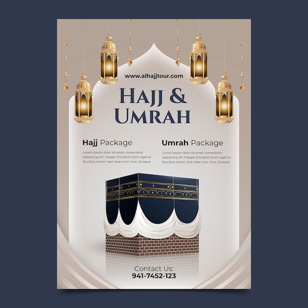 Vector gratuito plantilla de póster vertical realista para la peregrinación del hajj islámico