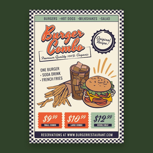 Plantilla de póster vertical de restaurante de estilo retro americano dibujado a mano