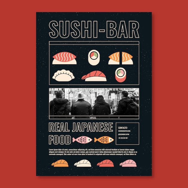 Vector gratuito plantilla de póster vertical de restaurante japonés plano