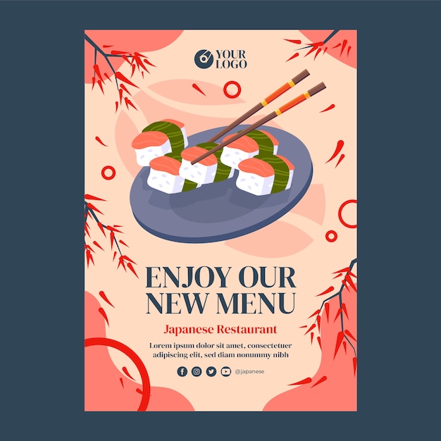 Vector gratuito plantilla de póster vertical de restaurante japonés plano